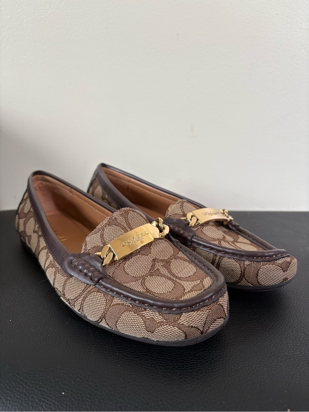 Coach Women's Brown Signature Canvas Loafers with Gold Plaque